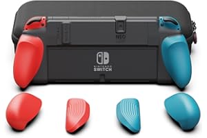 Skull & Co. NeoGrip Bundle for Nintendo Switch OLED and Regular Model: An Ergonomic Grip Hard Shell with Replaceable Grips [to fit All Hands Sizes] [with Carrying Case] - Neon Blue(L)+Neon Red(R)