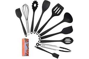 COVVY Utensili da cucina in silicone domestici di Lysport (10 pezzi) Utensili di cottura e cottura resistenti al calore Non Stick - Non Scratch Utensili da cucina Cucina buona Helper (Nero)