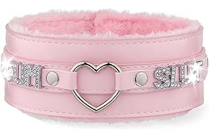 ADEMISHIA Pink Fluffy Heart O-Ring Leather Choker Collar for Women, Handmade Punk Gothic Letter Necklace, Adjustable Fashion Jewelry