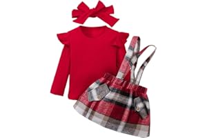 LUVCES Bambina Gonne Set Autunno Maniche Lunghe con Volant Coste Top + Bretelle a Quadri/Fiocco Abito + Fascia per Capelli 3Pcs Completo Bambine Abiti
