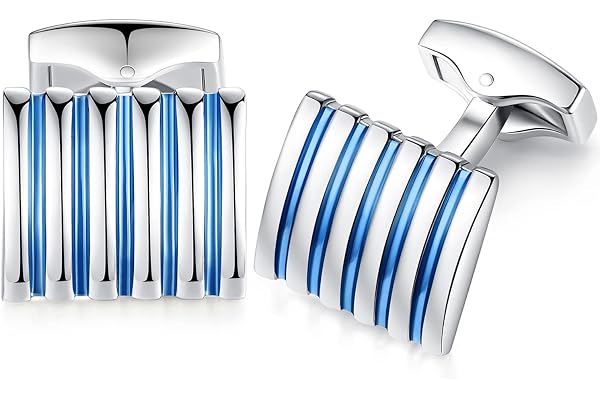 HONEY BEAR boutons de manchette Pour hommes-Rectangle Bande brossé, pour mariage d'affaires (Bleu avec argent)