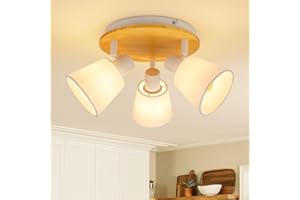 Ketom Plafonnier LED 3 Spots Blanc et Bois, E14 Plafonnier Spots Orientable, Luminaire Éclairage de Plafond Rond en Fabric, Barre de Spot Plafond LED pour Cuisine Salon, Sans Ampoule