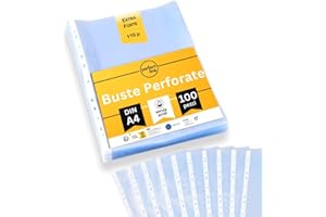 perfect line 100 Buste trasparenti anelli perforate DIN-A4, Bustine trasparenti cristalline, lisce, extra resistenti, robuste, prive di acidi, valide per documenti ufficiali