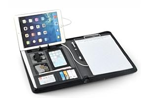 MYMAZN Porte-bloc Zippé A4, Organiseur A4 Bloc Note avec 5000mAh Power Bank, Porte Documents Portefeuille Support Pad,Dossier de Document de Conférence (Bleu)