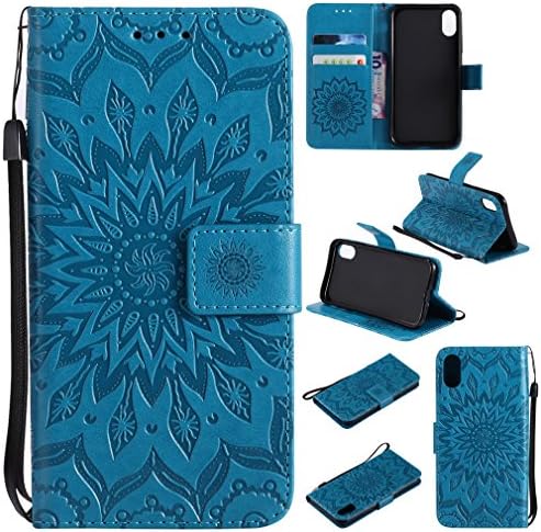 iPhone X case, MHHQ Generic Embossed Sun Flower Pattern PU Leather Wallet Case with Premium Folio Leather [Kickstand] [Card Slots] [Magnetic Closure] [Hand Strap] Flip Leather Case Cover For Apple iPhone X -Blue