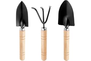 COMNICO Juego de 3 piezas de herramientas de jardín, de hierro resistente, pequeña paleta de plantación, rastrillo, pala de mano con mango ergonómico de madera antideslizante, regalos para hombres y