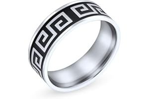 BLING JEWELRY Anillo de Sello para Hombre en Tono Plateado de Acero Inoxidable con diseño geométrico Rectangular Griego y Acento de CZ en rectángulo Negro