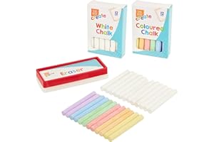 JKG® 25 PIECE CHALK & ERASER SET FOR KIDS - Children's Outside Pavement Patio Drawing Chalk & Sponge Eraser For Walls, Blackboard, Chalkboard, School (12 WHITE CHALK, 12 MULTI COLOURED, 1 ERASER)