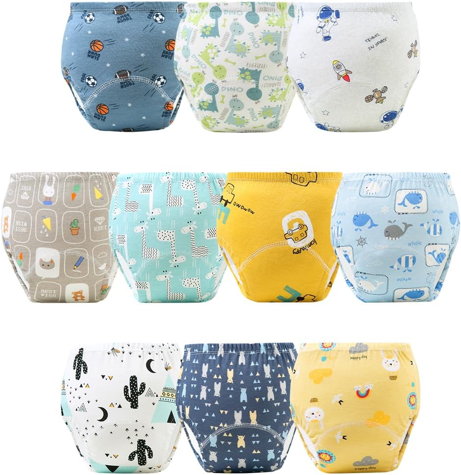 Aolso 10Pcs Reusable Baby Toddler Training Pants, Boys Underwear with Cartoon Pattern, Cotton Washable Toilet Training Underwear, Size 110, Multicolour