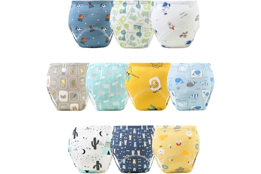 Aolso 10Pcs Reusable Baby Toddler Training Pants, Boys Underwear with Cartoon Pattern, Cotton Washable Toilet Training Underwear, Size 110, Multicolour