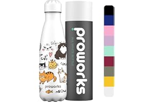 Proworks Botellas de Agua Deportiva de Acero Inoxidable | Cantimplora Termo con Doble Aislamiento para 12 Horas de Bebida Caliente y 24 Horas de Bebida Fría - 750ml - Todo Blanco - Fiesta de Gatos