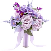Mumusuki Bouquet Da Sposa Artificiale Con Perle - Fiori In Seta Viola Per Matrimonio, Damigella, Festa E Confessioni D'Amore - 3