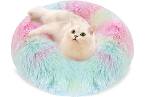 Liwqolx Dog Bed, Small Calming Cat Bed Washable Pet Bed Round Plush Donut Puppy Bed Dog Cushion, Machine Washable Cat Bed Rainbow(40cm/15.7in)