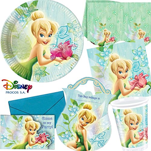 101-teiliges * Tinkerbell Flowers * PARTY SET für Kindergeburtstag mit 6-10 Kinder: Teller, Becher, Servietten, Partytüten, Einladungskarten, Tischdecke, Luftballons, Luftschlangen u.v.m. // Geburtstag Party Kinderparty Kinderfest Kinder Fete Fee Elfe Prinzessin Disney