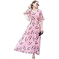 SMOWKLY Women's Georgette Floral Printed Indo-Western Ethnic Gown || Half Sleeve V Neck Fit & Flare Flared Hem Design || A-Line Maxi Dress Casual Wear
