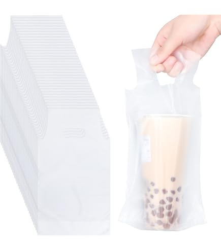 Elyfree 100PCS Clear Drink Carrier Bags - 32oz Cup Delivery Bags With Handle, For Takeout & Food Delivery