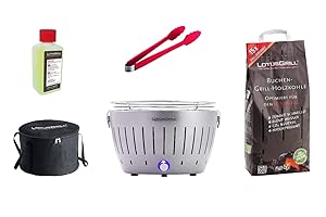 LotusGrill Starter Set - 1 x Barbecue with USB Connection, 1 x Beech Wood Charcoal 1 kg, 1 x Fuel Paste 200 ml, 1 x Sausage Tongs, Fire Red, 1 x Carrying Bag - the Low Smoke Charcoal Barbecue