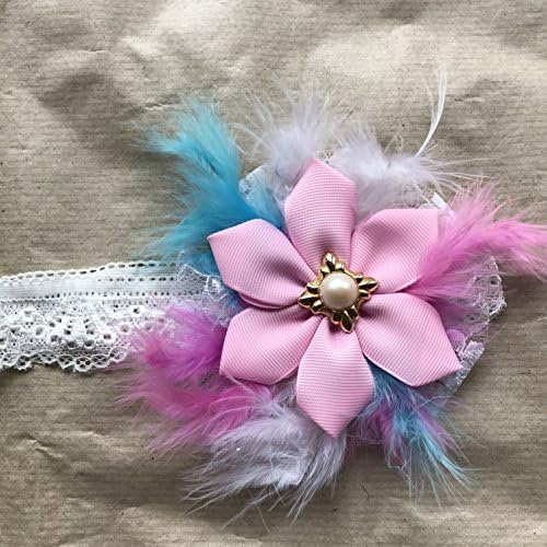 Big Bright feather grosgrain flower headband handmade with pearl