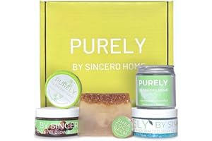 PURELY by SINCERO HOME - Set regalo naturale da bagno con candela di soia, sali di gelsomino, scrub al caffè, sapone all'avena al miele, vapore doccia, balsamo per le labbra, set spa fatto a mano per