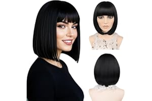 ‎JIAMEISI JIAMEISI Kurze Bob-Perücke mit Pony 30cm Glatte Bob-Perücke Hitzebeständige Synthetische Faser Farbenfrohes Haar für Frauen und Mädchen Cosplay-Partys Weihnachten Halloween Tägliche (Schwarz)
