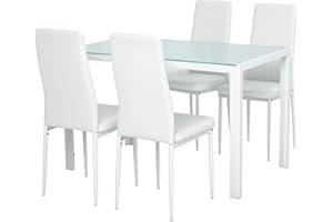 HOMCOM Set 5 Pezzi con 1 Tavolo e 4 Sedie per Cucina o Sala da Pranzo in Finta Pelle, Metallo e Vetro Temperato, Bianco