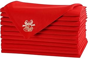 WedDecor Kitchen Cloth Napkins 50 x 50 cm Red Christmas Party Napkins with Jingle Bell Printed Polyester Serviettes for Xmas, Washable and Reusable Table Dinner Napkins for Hotel, Party, Pack of 4