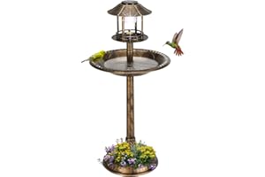 LEADZM Vogeltränke Stehend - Vogeltränke aus Starkes PP-Material, Vogelbad mit Solarleuchte, Blumenkübel & befüllbarem Ständer - Futterstation für Draußen Garten und Terrasse, 51 x 51 x 106 cm, Bronze