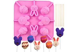 Crethink 1 molde de silicona de chocolate Lolly – 8 cavidades de huevo, cabeza de conejo y forma de ratón moldes de piruleta para chocolate, caramelo, gelatina con 20 palitos
