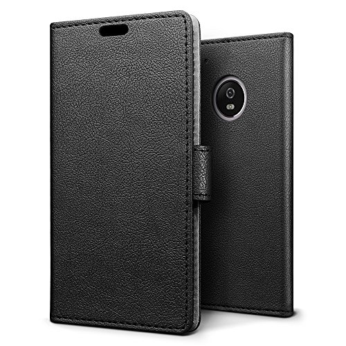SLEO Funda Moto G5  Cartera Carcasa Piel PU Suave Flip Folio Caja Super Delgado  Estilo Libro Soporte Plegable y Cierre Magn  tico  para Motorola Moto G5 - Negro