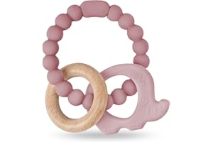 Vicloon Teether for Babies, Elephant Teething Ring Toy Made of Silicone and Wooden Rings, Baby Teething Aid BPA-Free, Pain Relieving Teething Nursing Accessories for Babies from 3 Months (Dark Pink)
