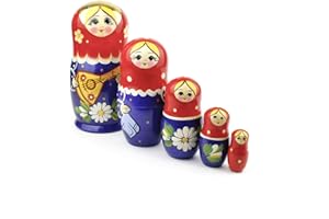 Heka Naturals Matryoshka Russische Puppen Klassische Babuschka Hand Made in Russland 5 Stück 18 cm Holz Geschenk Spielzeug -Balalaika (Design kann variieren)