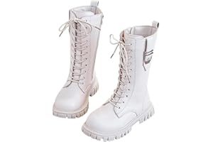 GENERIC Boots Girls Lace Up Boot Riding Mid Calf Shoes with Side Zipper Faux Leather Long Boots Cowgirl Cowboy Boot Round Toe School Shoes Thick Heel Anti-Slip Booties Party Dressy Footwear