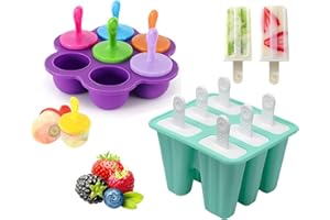 AMZMUKAUP Moule Glace Silicone 6 Cellules, Mini Moule à Glace en Silicone, Popsicle Moules DIY Réutilisable, 7 Moules à Glaçons pour Glace Maison, Sorbet, Yoghurt, Jus (Vert + Violet)