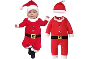 NINIVI Disfraz Navidad Bebe, Disfraz Elfo Bebe Niño Niña, Traje Papa Noel Bebe, Disfraz Bebe Navidad Recién Nacido Mono + Gorro Navidad Bebe (3-18 Meses）