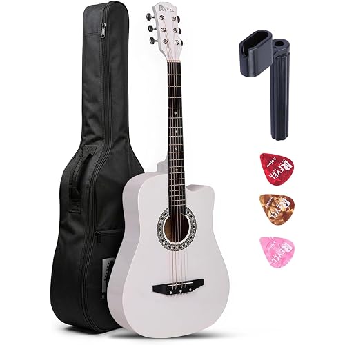 Revel 38 Inch Acoustic Guitar Cutaway Wooden Guitar with High-Gloss Finish, Steel Strings, Smooth Tuning Pegs, Includes Carry Bag & Picks | Acoustic Guitar for Beginners and Adults. (White)