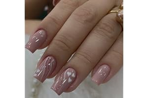 AGASAR 24pcs Medium Square False Nails Pink Glittery Swirl Stick on Nails White Heart Press on Nails Removable Glue-on Nails Fake Nails Acrylic Full Cover Nails Women Girls Nail Art Accessories