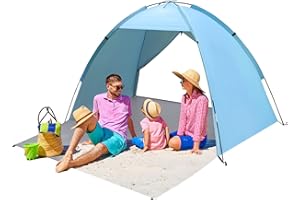 HAOYAO Tente de plage pour 2 à 3 personnes, protection UV 50+, coupe-vent, abri solaire avec plancher avant étendu SBS fermeture éclair porte arrière pour famille, camping, pêche, pique-nique, plage