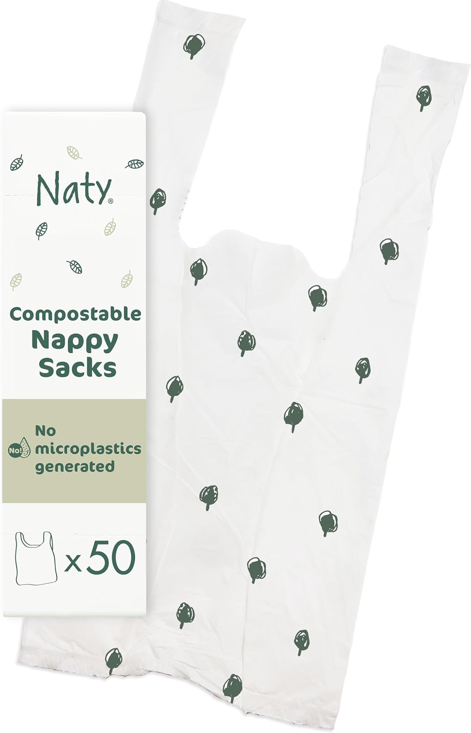 Naty compostable nappy bags | Easy tie handles | Fragrance-free nappy sacks for baby nappy changing & disposal, travel and pet waste |Plant-based bags for prams | On-the-go use | 50 count