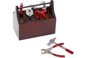 WITGIFT Miniatur Werkzeugkasten mit Werkzeug,Holzkiste Toolbox Werkzeugkoffer Werkzeugkiste mit Metallwerkzeug Set,Puppenhaus Garten Möbel Zubehör für Puppenhaus Gartengeräte
