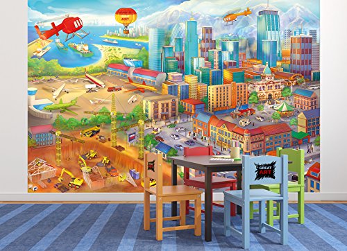 Fototapete Kinderzimmer comic style – Wandbild Dekoration Wimmelbild Großstadt Baustelle Hubschrauber Flugzeug Bagger Flughafen | Foto-Tapete Wandtapete Fotoposter Wanddeko by GREAT ART (336 x 238 cm) - 7