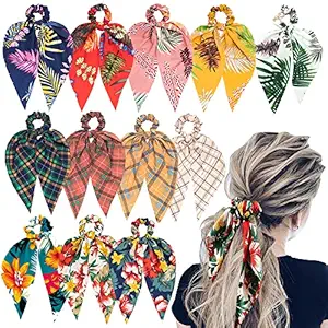 Sunaction 11 Pcs Hair Scarf Scrunchies,Tropical Style Chiffon Floral Scrunchie Scarf Ponytail Holder with Bows,Flower Pattern Ponytail Scarf