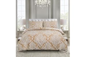 Prime Linens Juego de funda de edredón de 3 piezas de poliéster y algodón con fundas de almohada y sábana bajera extra incluida (oro damasco real, individual)