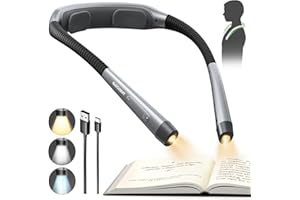 Glocusent Luz de cuello, luz de lectura, 3 colores y 5 brillos continuos, luz de libro con temporizador y ayuda para dormir, recargable para 100 horas de larga duración, diseño ergonómico