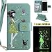 Produktbild iPhone 7 (4,7 zoll) Luminous Leder Wallet Tasche Brieftasche Schutzhülle,Fanryn Schönes Mädchen und Katzen Muster Nacht Leuchtende Design Hochwertige PU Leder Flip Tasche Case Hülle im Bookstyle mit Standfunktion Kredit Kartenfächer für iPhone 7 (4,7 zoll) (Grün)