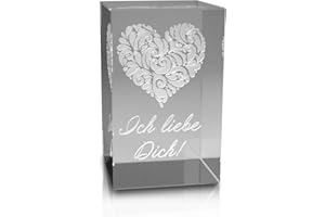 VIP-LASER 3D XL Glas Kristall mit verziertem Herz und Ich liebe Dich! Gravur graviert