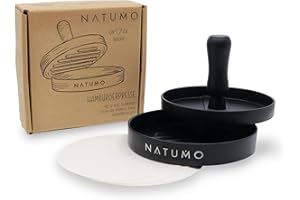 NATUMO Burger Press Set of Hamburger Press and Burger Paper (50 x Release Paper), Burger Maker Made of Cast Aluminium (Diameter 11 cm, 200 g), Professional Burger Pattie Press with Non-Stick Coating
