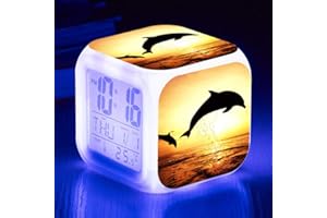 HUA5D Dauphin Reveil Numerique,Reveil Lumineux Enfant Garçon Fille,Mignonne Voyage Réveil,Kids Wake Up Light Digital Alarm Clock,7 Couleurs Changeantes Veilleuse Horloge(A1660)