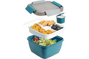 Greentainer Salatbehälter mit 3 Fächer und Dressingbehälter und 1 Gabel,Aauslaufsicher Salatbox-to-go für Salat und Snacks,1500 ml Lunchbox für Schule,Arbeit,Picknick, Reisen,Camping