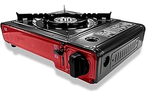 LAZY SPORTS Hornillo Camping Portátil, Compatible con Cartuchos de Gas y Butano,Para Acampar 1 Fuego con Maletin para Senderismo, Picnic Aire Libre Potencia 2.9W (Rojo)