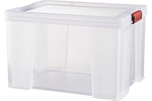 SUNDIS Clip'N Store, caja almacenaje con tapa, 75l de capacidad, plastico transparente, reforzado, apta para alimentos, paredes rectas, apilable y combinable